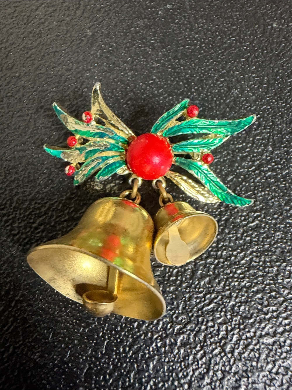 Vintage Gold-tone Holiday Ringing Bell Brooch Red and Green Accents